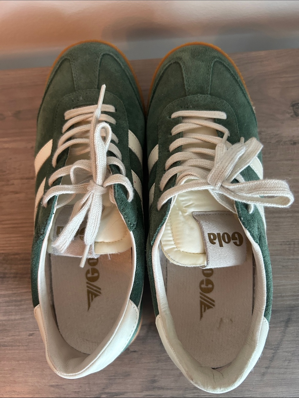 Gola Green Suede Sneaker with White Stripes and Gum Sole - Picture 4 of 5